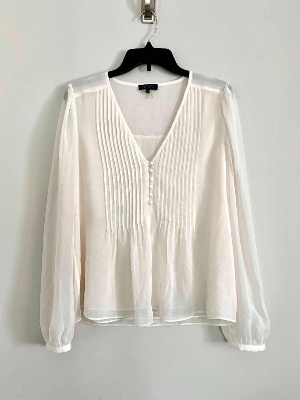 1. STATE Cream Chiffon V Neck Blouse Long Sleeve Top Quiet Luxury NWOT M